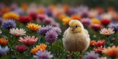 A Tiny Chick in a Field of Colorful Blooms. photo