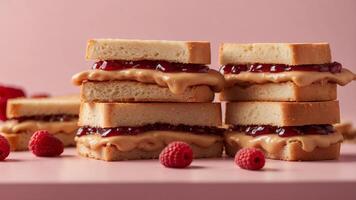 close up of peanut butter and jelly stack of sandwiches on a pink background. photo