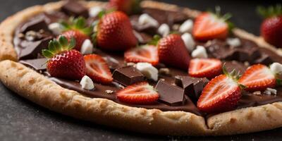Delicious chocolate pizza dessert with fresh strawberries. photo