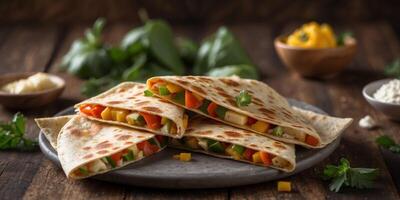 Cheesy vegetable quesadilla on rustic wooden table. photo