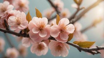 peach fuzz background with blooming peach branch. photo