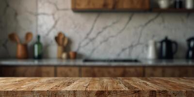 empty wood podium on marble table with blurry kitchen counter. photo
