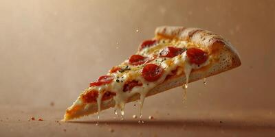 Piece of pizza with cheese on light orange background. photo