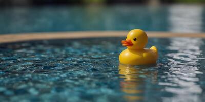 Yellow rubber duck floating in a tiled blue pool Minimalist and whimsical poolside scene. photo