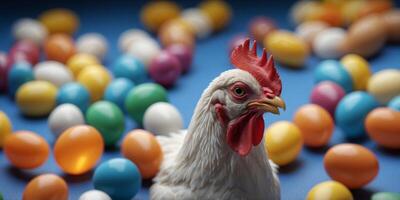 Chicken gazing at array of colorful pills on blue background. photo