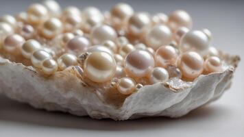 Pearls from an oyster rest on a white surface. photo