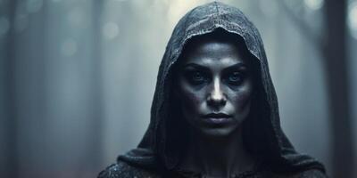 Mysterious Dark Elf in Misty Forest with Solemn Expression under Eerie Light. photo