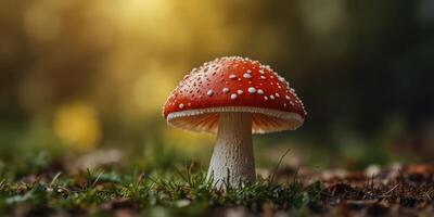 Red and white mushroom on a yellow background Bold and vibrant natural concept. photo