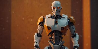 Robot standing in front of orange background. photo
