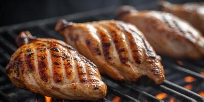 Grilled chicken breasts on barbecue grill with char marks. photo