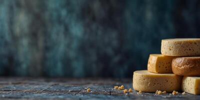 Assorted cheeses on a rustic blue wooden background. photo