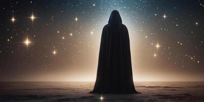 Mysterious cloaked figure creating stars in space Creation concept. photo