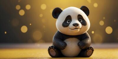 Smiling animated panda character on yellow background. photo