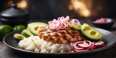 Grilled chicken teriyaki on rice with avocado and pickled onions. photo