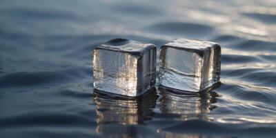 Reflections of crystal clear ice cube on rippled water. photo