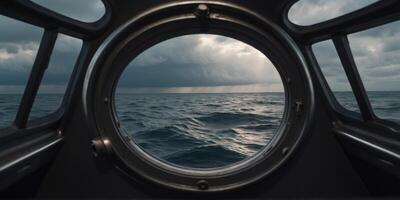 Ocean view through a submarine porthole with stormy skies. photo