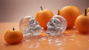 skull shaped ice cubes melting on an orange solid color background for Halloween. photo