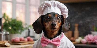 Black and tan dachshund cooker wearing white chef hat and robe and a pink bow tie in the kitchen. photo