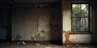 Old abandoned building with broken window. photo
