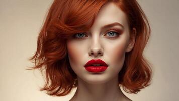 Red head with red lipstick and eye shadow on a red background. photo