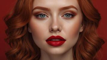 Red head with red lipstick and eye shadow on a red background. photo
