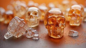 skull shaped ice cubes melting on an orange solid color background for Halloween. photo