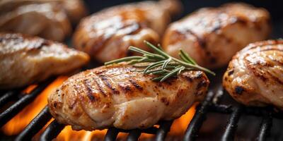 Grilled chicken breasts with rosemary on barbecue. photo