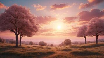 Serene landscape with pink clouds and a glowing sun. photo