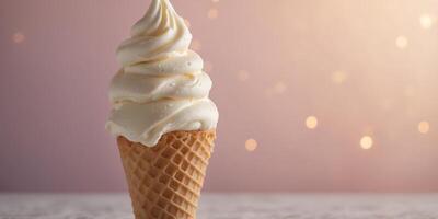 Vanilla soft serve ice cream cone on a pastel background. photo