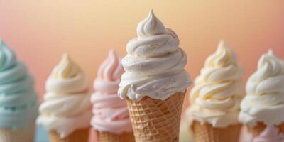 Vanilla soft serve ice cream cone on a pastel background. photo
