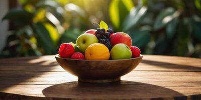 Fresh fruits displayed on a wooden table with sunlight casting shadows. photo