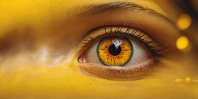 A close-up shot of an individual's eye with a bright yellow background. photo