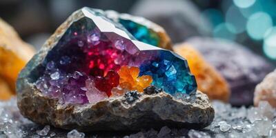 Close up of colorful geodes inside crystal rock. photo