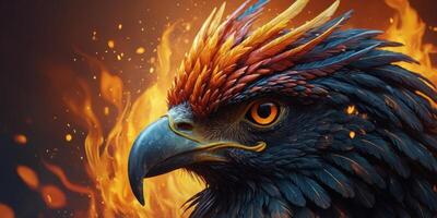 Head of mythical Phoenix bird with flames in background. photo