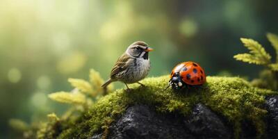 A small bird sits next to a ladybug on a moss-covered rock. photo