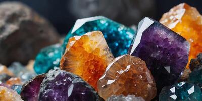 Close up of colorful geodes inside crystal rock. photo