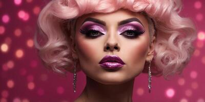 Close up of face of drag queen with dramatic makeup in front of pink background. photo