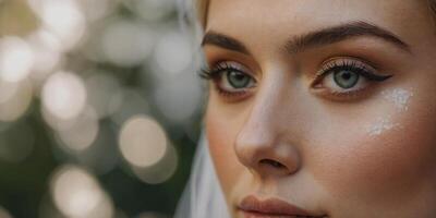Close up of face of bride with no or natural makeup. photo