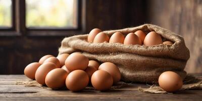 Fresh brown eggs in a rustic burlap sack on wooden table. photo