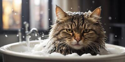 Funny angry cat being washed in bath tube full of foam. photo