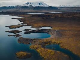 Aerial view of a serene volcanic lake in Iceland. photo