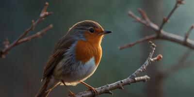 European robin perched on delicate branches at dusk. photo
