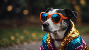 A black-and-white dog dons sunglasses and a colorful jacket adorned with sequins. photo