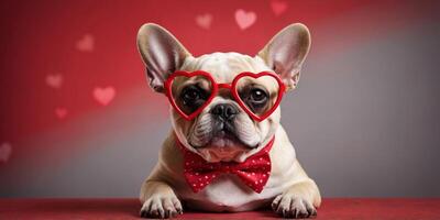 Funny French Bulldog dog wearing heart shaped Valentine's Day glasses and bow tie on red background with copy space. photo