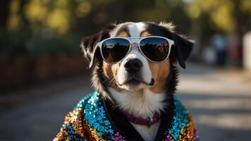 A black-and-white dog dons sunglasses and a colorful jacket adorned with sequins. photo