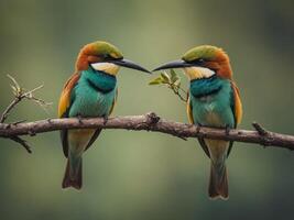 Two European bee-eaters sharing an insect on a branch. photo