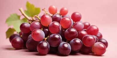 Top view of red grapes on pastel pink background. photo