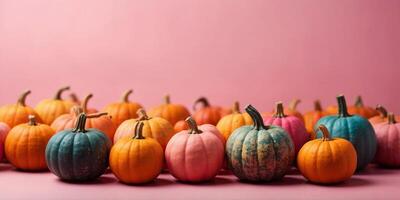 Top view of various different colorful small pumpkins on pink background with copy space. photo
