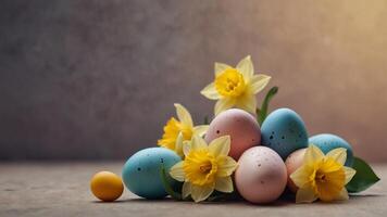 Spring Easter composition with yellow daffodils and colorful eggs on a pastel gradient background. photo