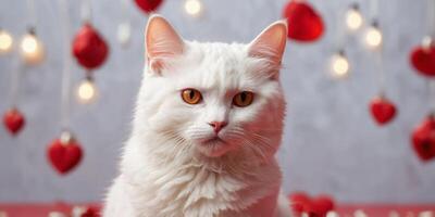 White cat with Valentine heart in front of red studio background. photo